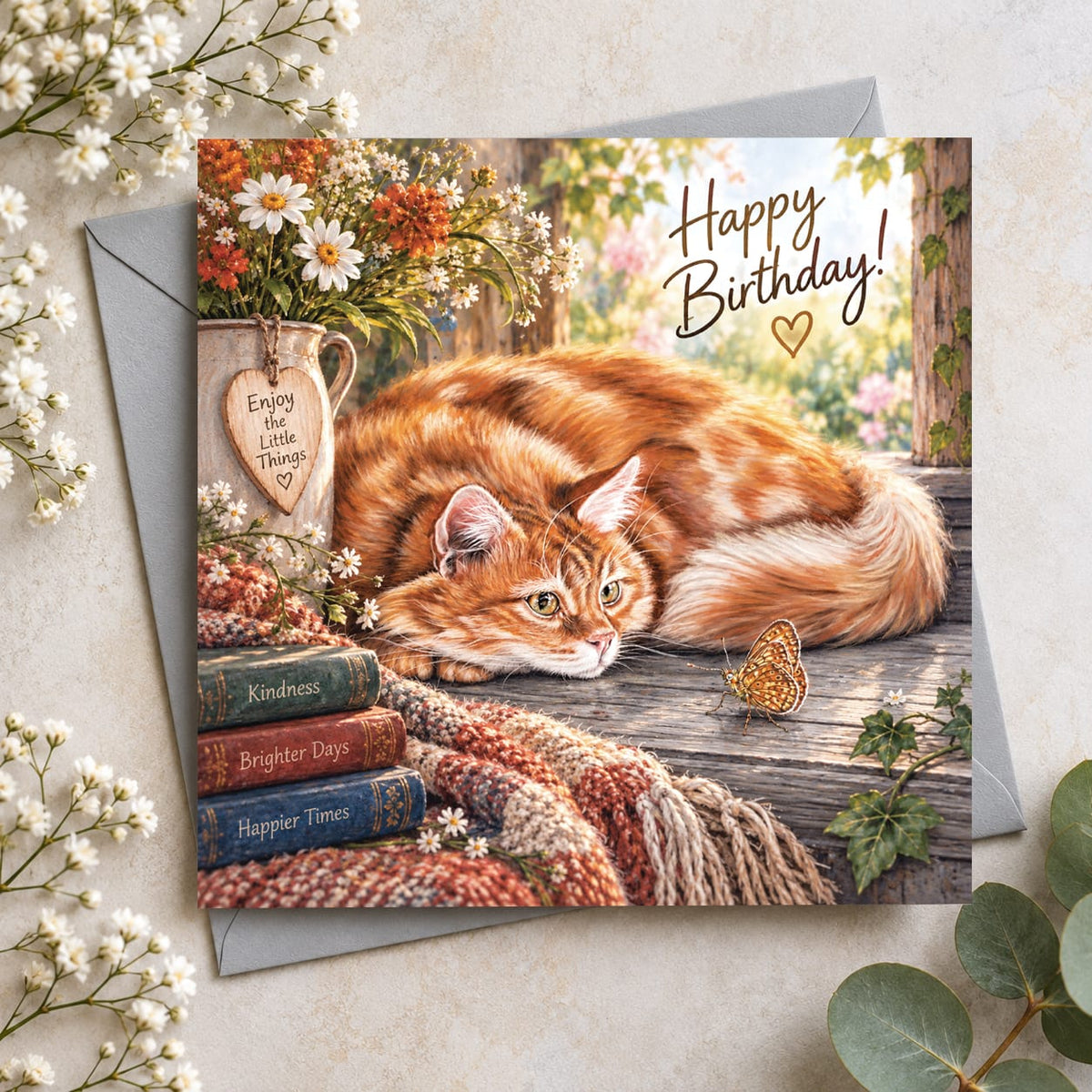 Cat birthday card featuring a ginger cat lying by a window with flowers, books, butterfly and Happy Birthday message.