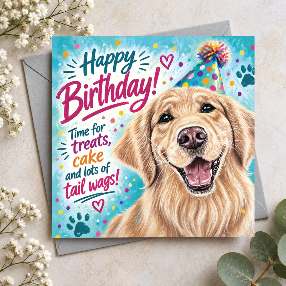 Golden Retriever birthday card featuring a happy golden dog wearing a colourful party hat with Happy Birthday and lots of tail wags message.