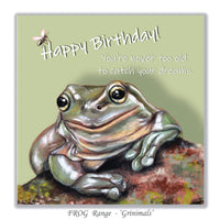 Frog lover birthday card featuring a charming illustrated frog and a humorous, uplifting birthday message.