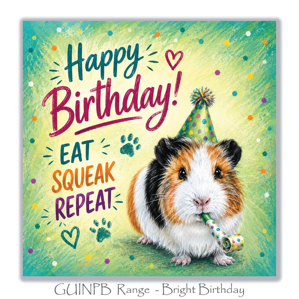 Colourful guinea pig birthday greeting card with an adorable fluffy guinea pig, party blower, green background, confetti and playful lettering.