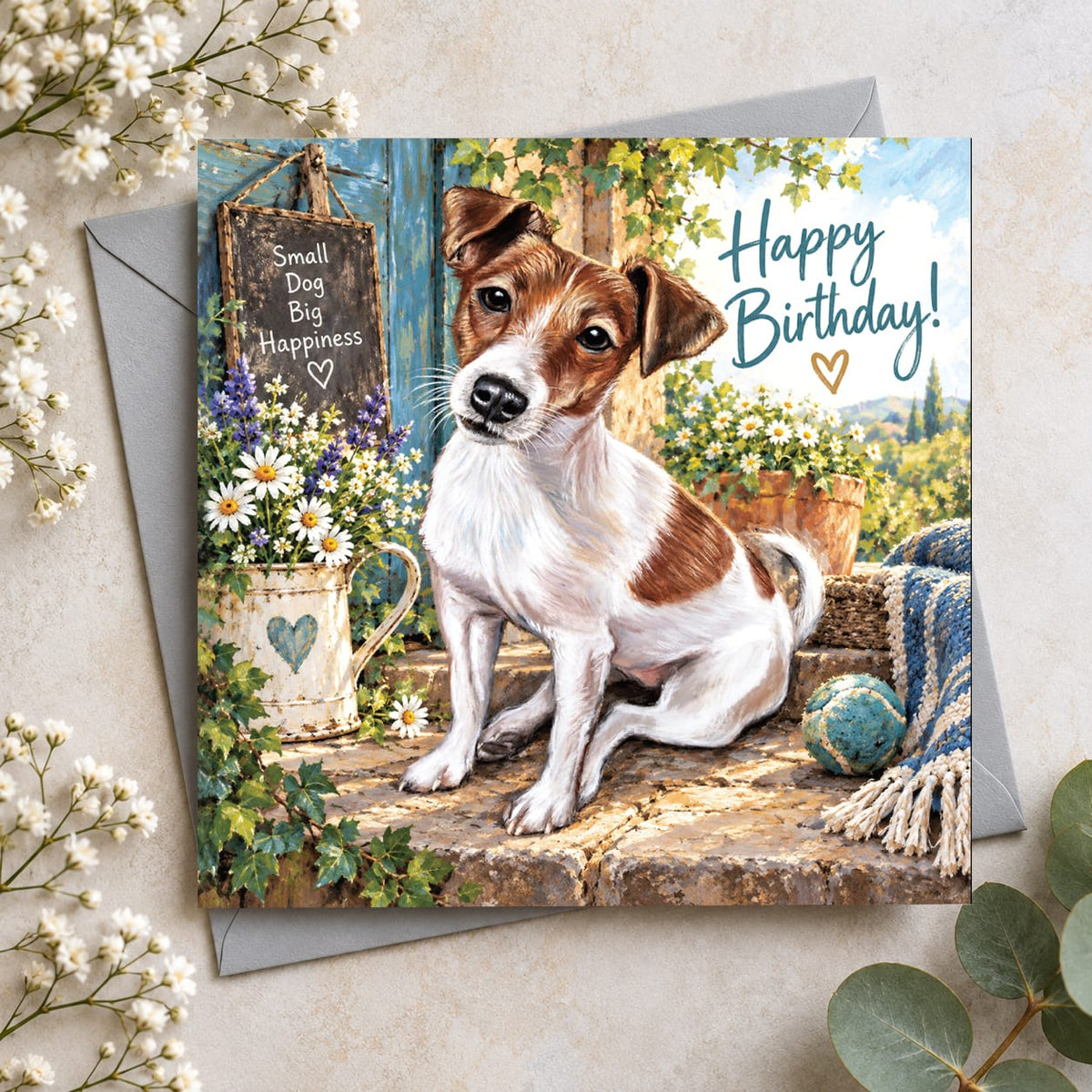 Jack Russell Terrier birthday card featuring a cute brown and white dog with a tilted head in a cottage garden and Happy Birthday lettering.