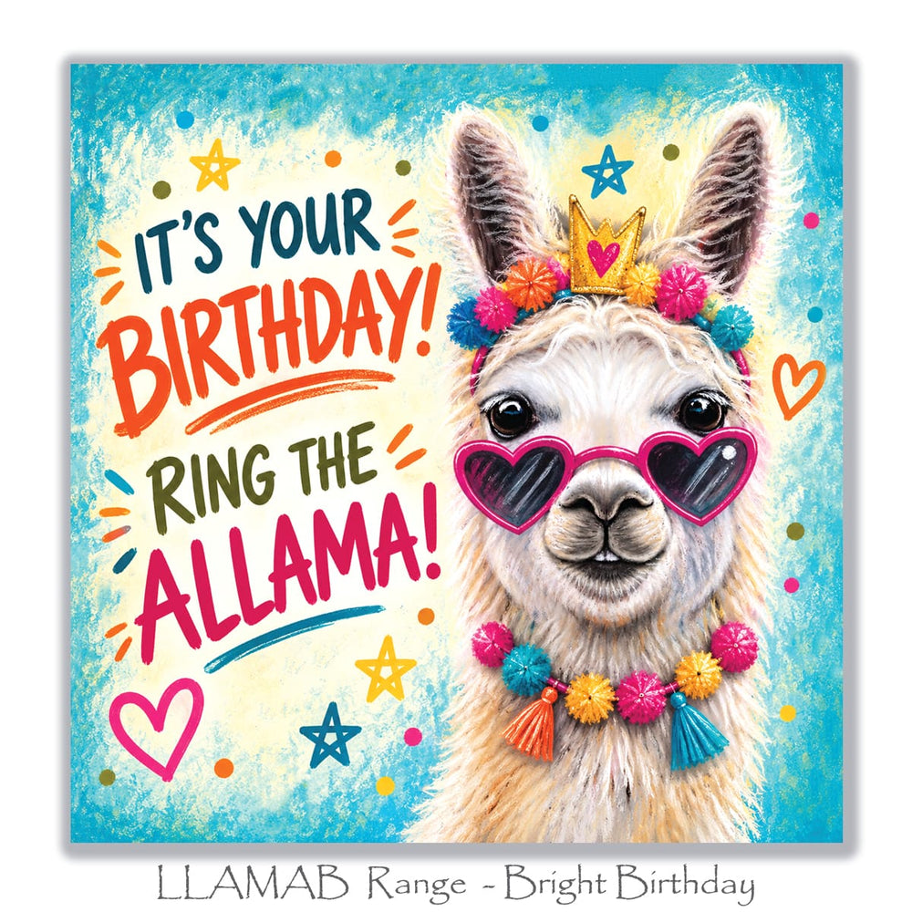 Colourful llama birthday greeting card with cute white llama, bright pom-pom decorations, heart sunglasses, playful stars and turquoise background.