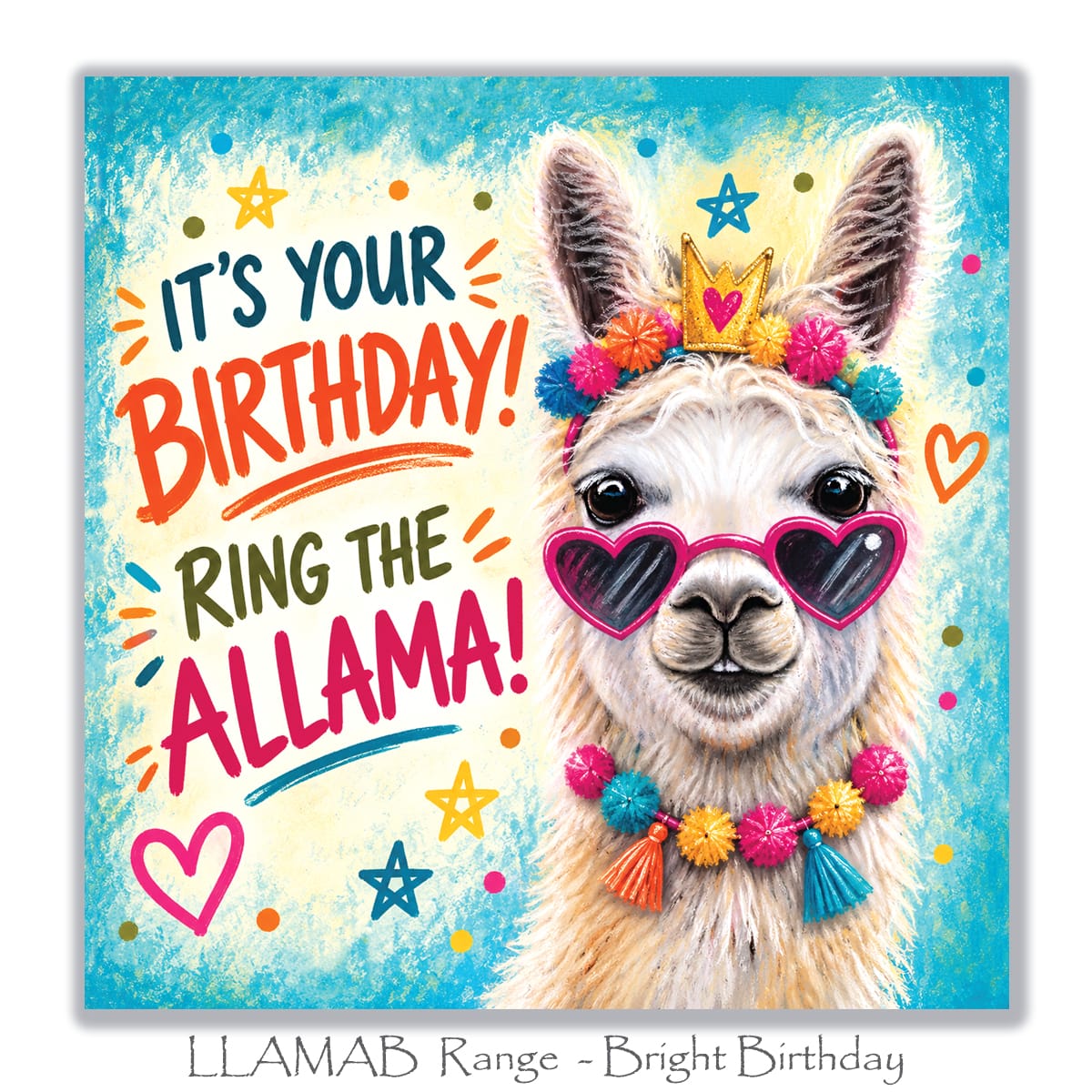 Colourful llama birthday greeting card with cute white llama, bright pom-pom decorations, heart sunglasses, playful stars and turquoise background.