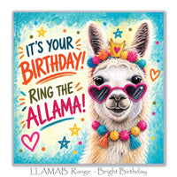 Colourful llama birthday greeting card with cute white llama, bright pom-pom decorations, heart sunglasses, playful stars and turquoise background.