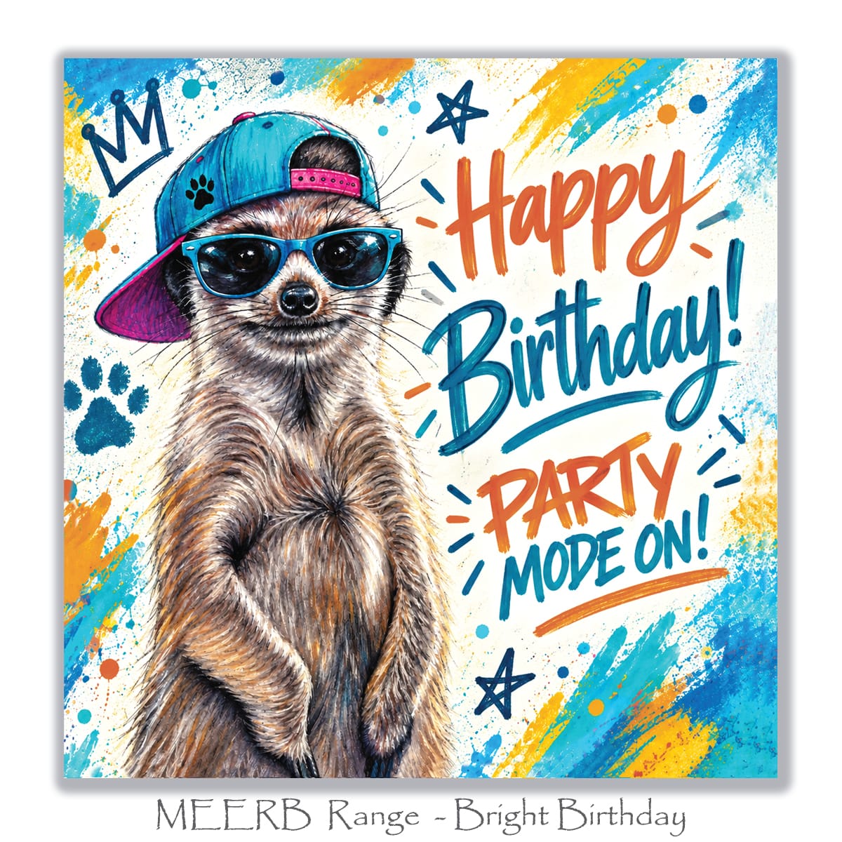 Funny meerkat birthday card featuring a cool meerkat wearing blue sunglasses and a backwards baseball cap with Happy Birthday Party Mode On message.