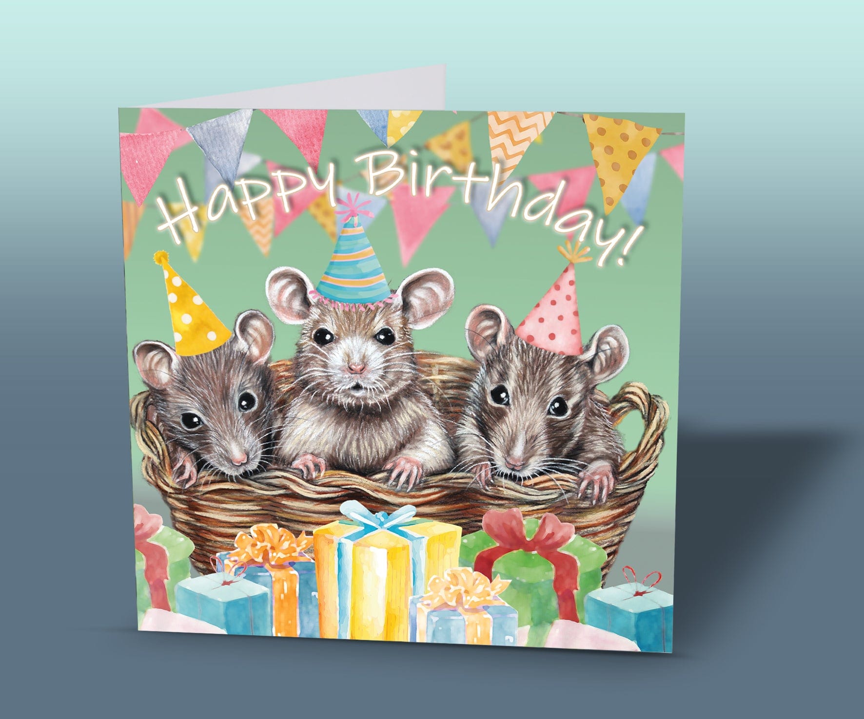 Fun animal art birthday card with three cute mice in party hats, sitting in a basket surrounded by presents and colourful decorations.
