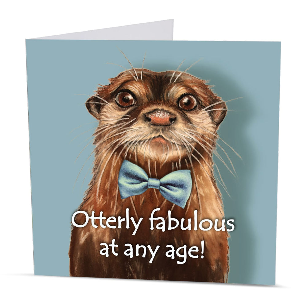 Otterly fabulous birthday card displayed with grey envelope, 15 x 15 cm square greeting card.
