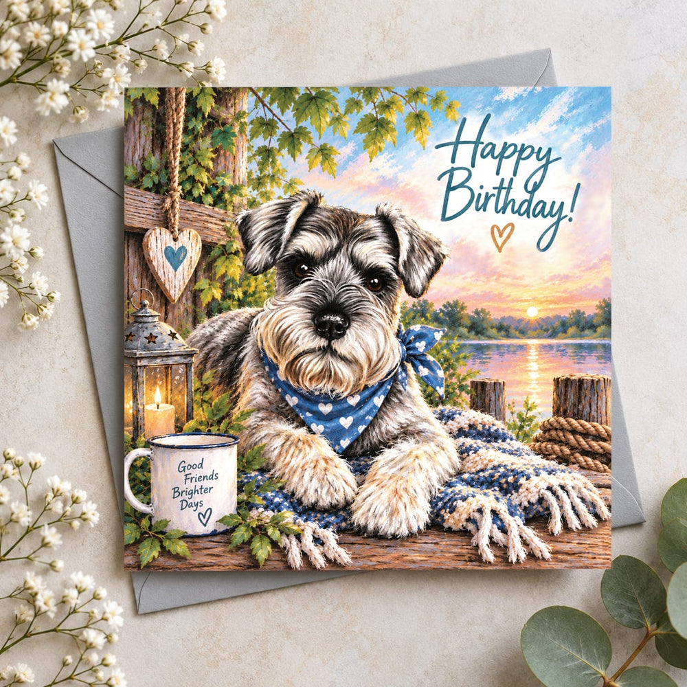 Schnauzer birthday card featuring a cute grey Miniature Schnauzer wearing a blue heart-patterned bandana beside a lake at sunset with Happy Birthday lettering.