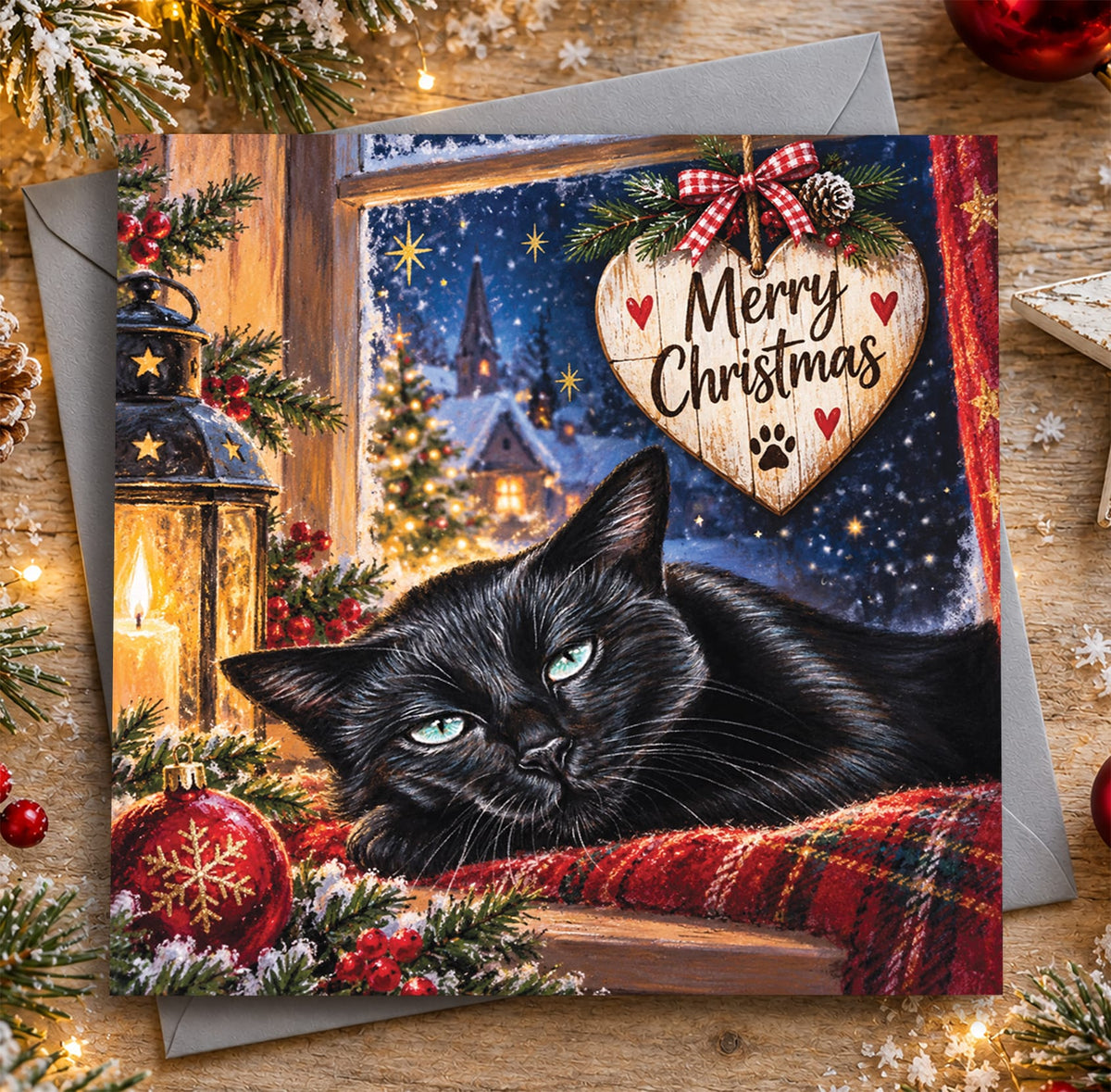 Black cat Christmas card featuring a beautiful black cat with green eyes resting beside a snowy window and wooden Merry Christmas heart decoration.