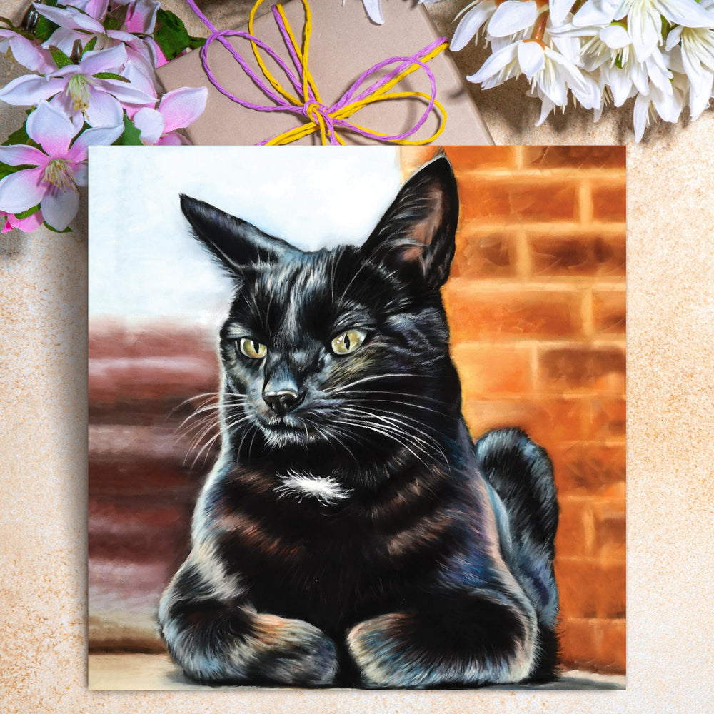 greeting card with a black cat with green eyes.
