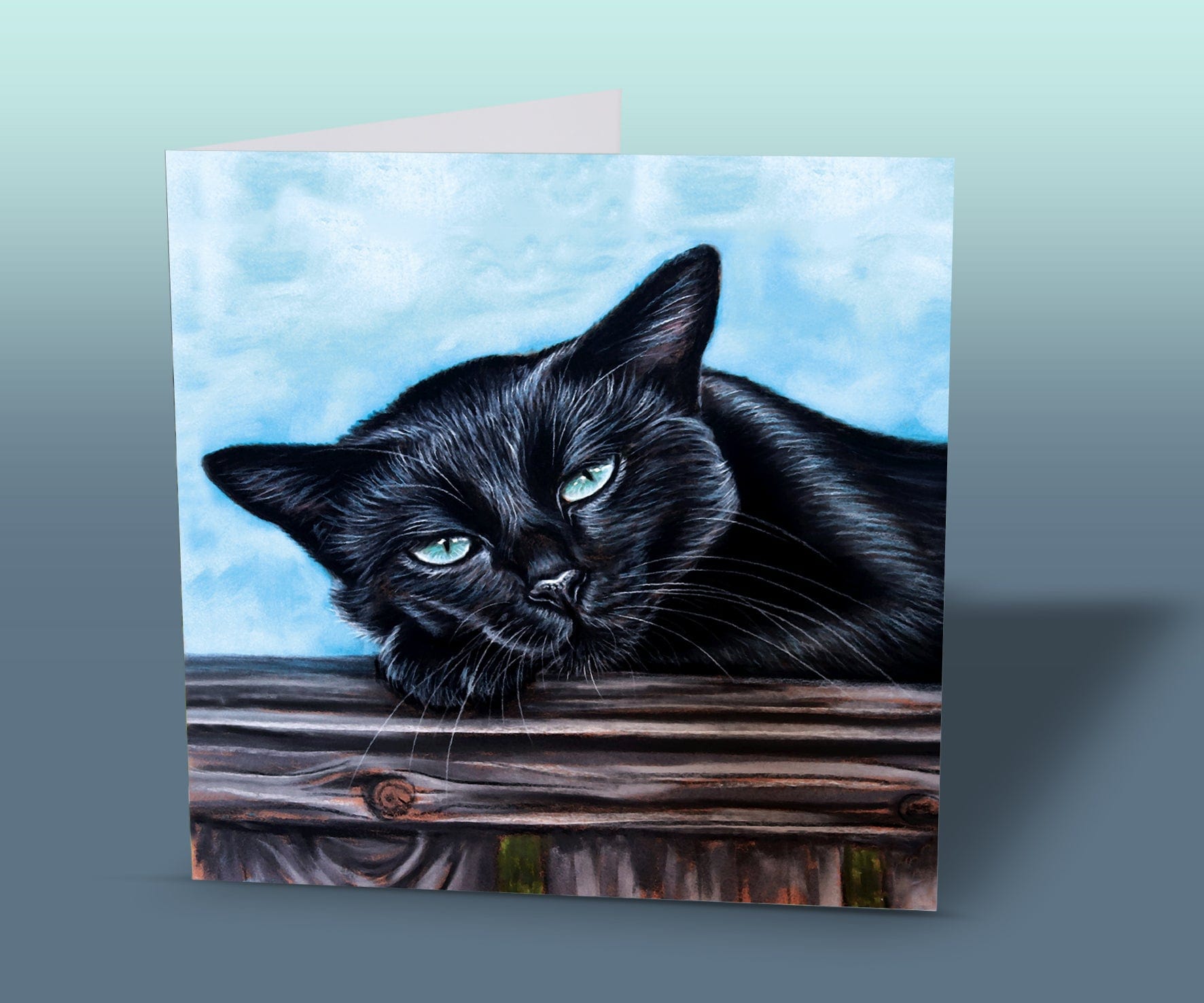Greeting card with a black cat illustration on a blue sky background