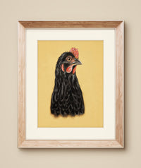 pastel drawing of a black chicken full of personality wall art
