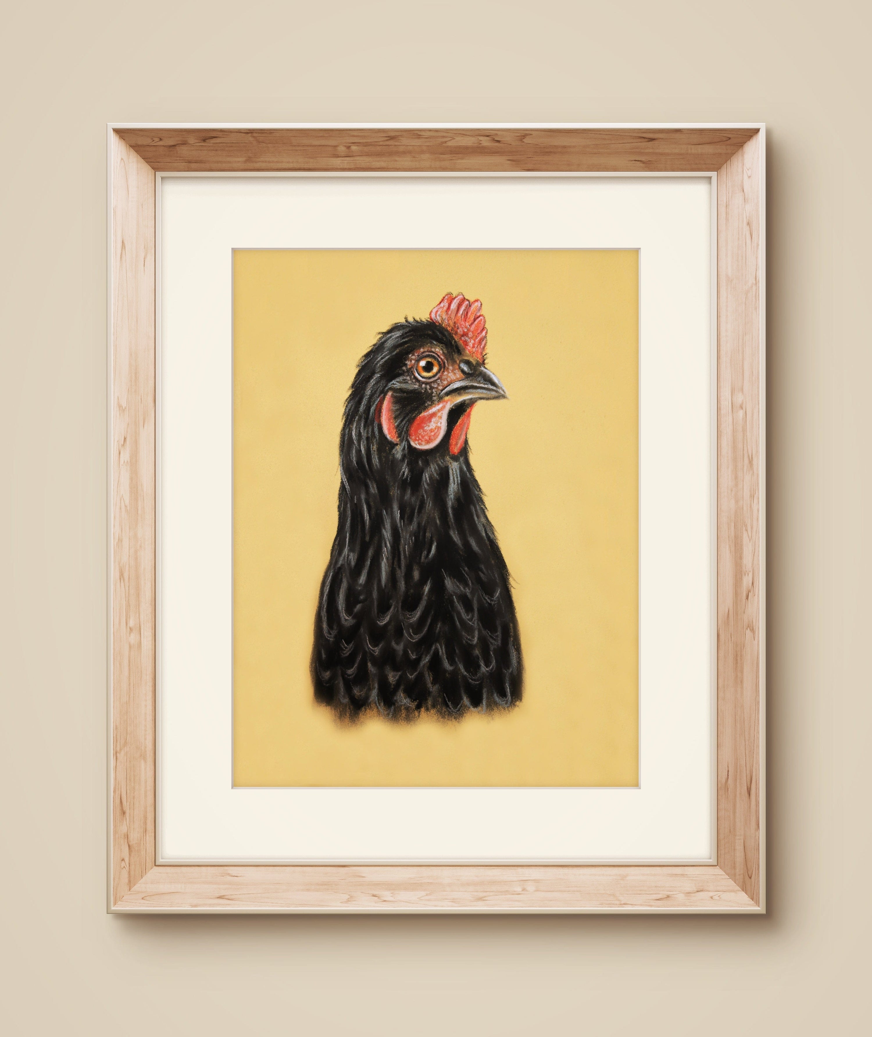 pastel drawing of a black chicken full of personality wall art