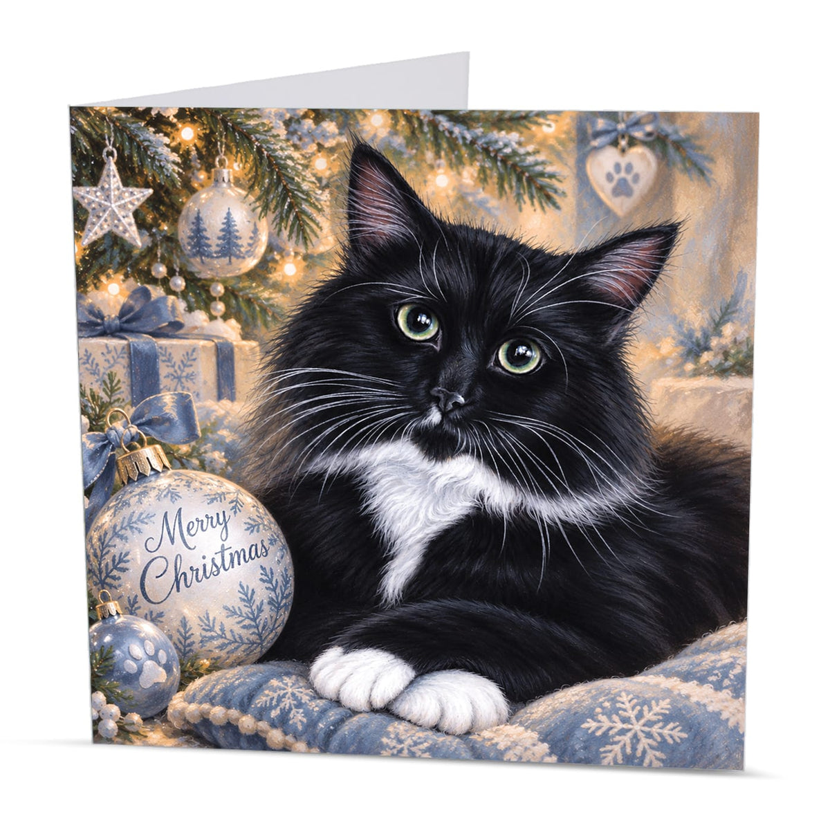 Square cat Christmas greeting card featuring a fluffy black and white cat beside a Merry Christmas bauble