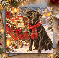 Black Labrador Christmas card featuring a dog wearing a red scarf beside a sleigh filled with presents
