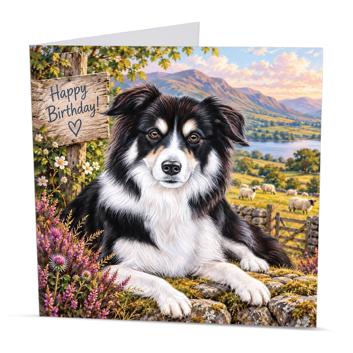 Square 15 x 15 cm Border Collie birthday card featuring original dog artwork by Irisha, printed on premium 350 gsm textured cardstock.