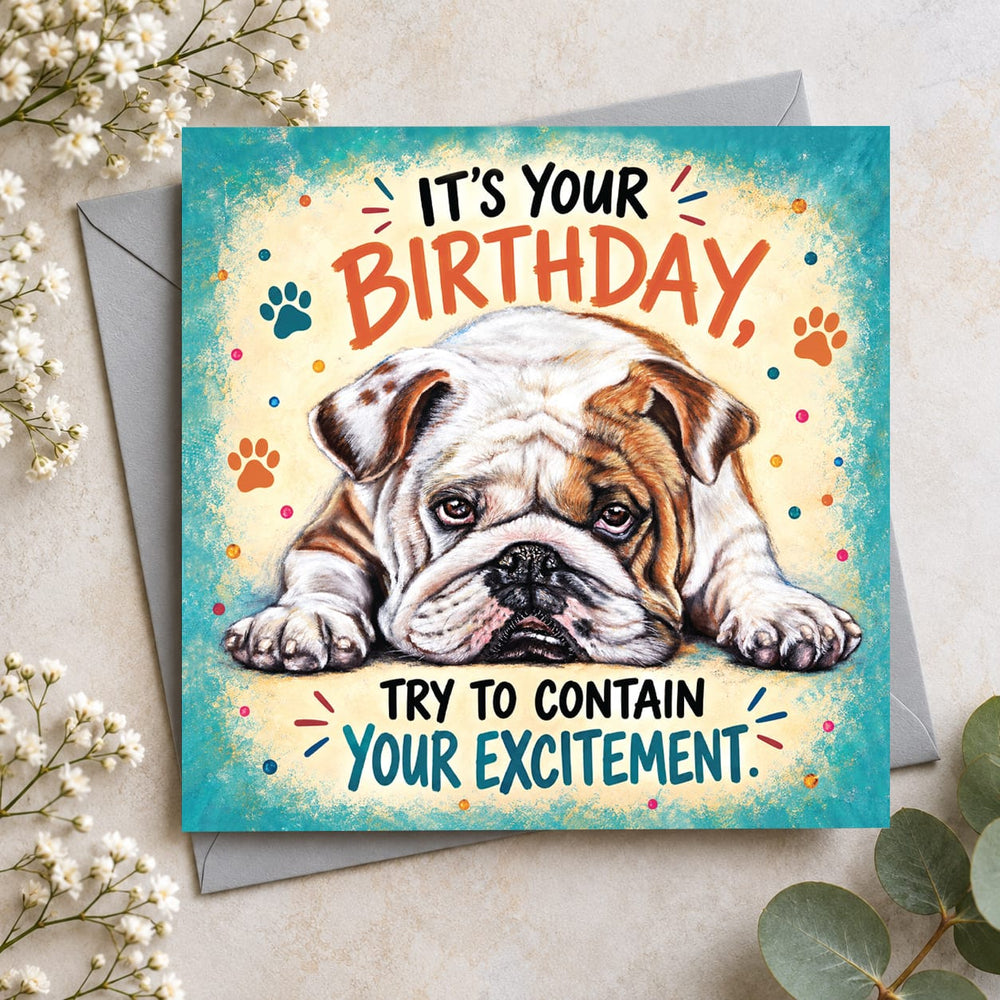 Funny English Bulldog birthday card featuring a sleepy Bulldog lying down with It's Your Birthday Try to Contain Your Excitement message.