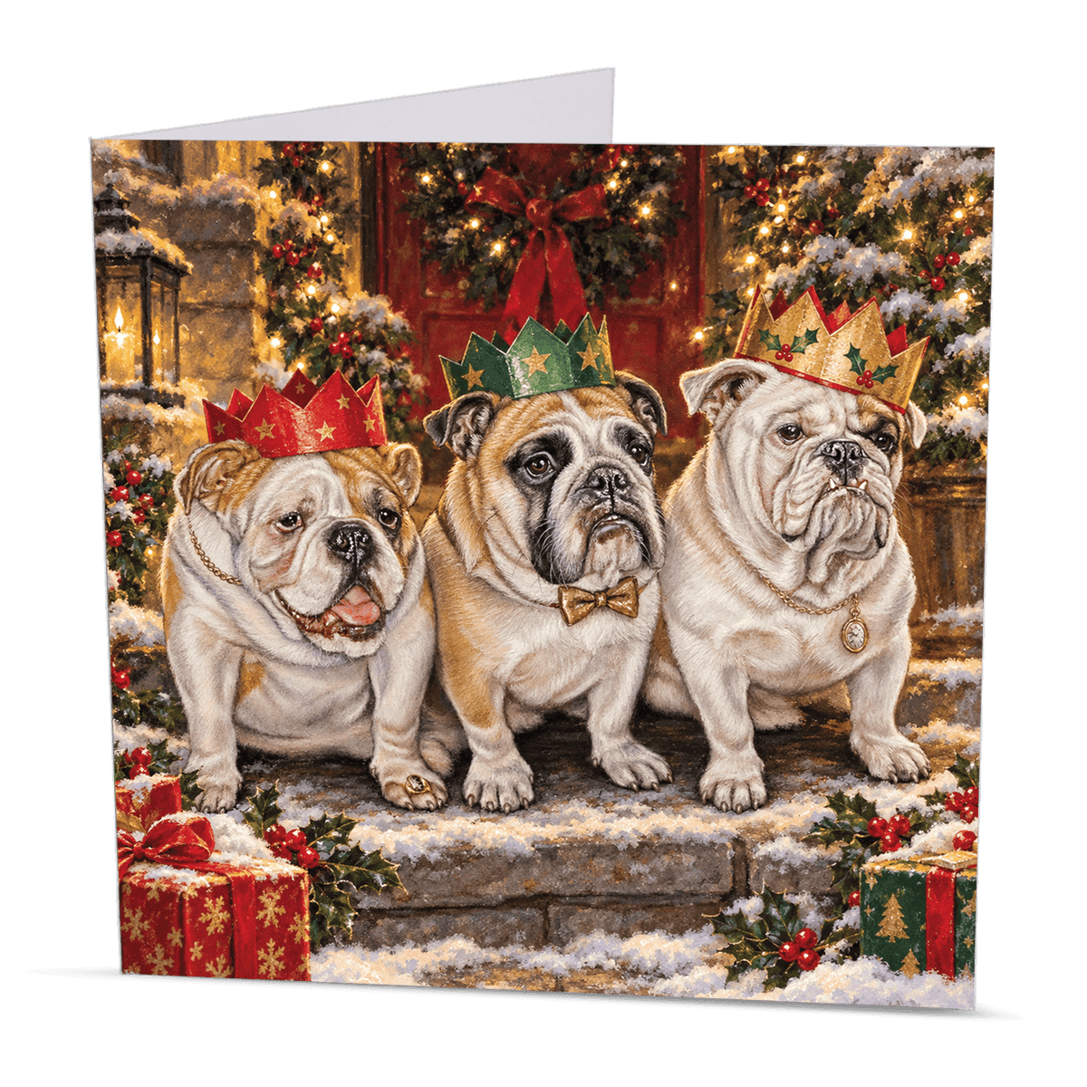Square English Bulldog Christmas card featuring three dogs with Christmas crowns surrounded by snow, holly and festive presents