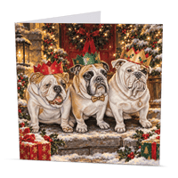 Square English Bulldog Christmas card featuring three dogs with Christmas crowns surrounded by snow, holly and festive presents