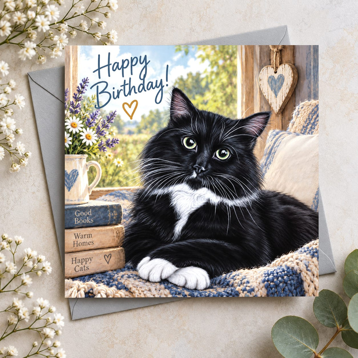 Black and white cat birthday card featuring a fluffy tuxedo cat with green eyes resting by a window, surrounded by flowers and Happy Birthday lettering.