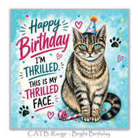 Funny cat birthday card featuring a grumpy tabby cat wearing a colourful party hat with This Is My Thrilled Face birthday message.