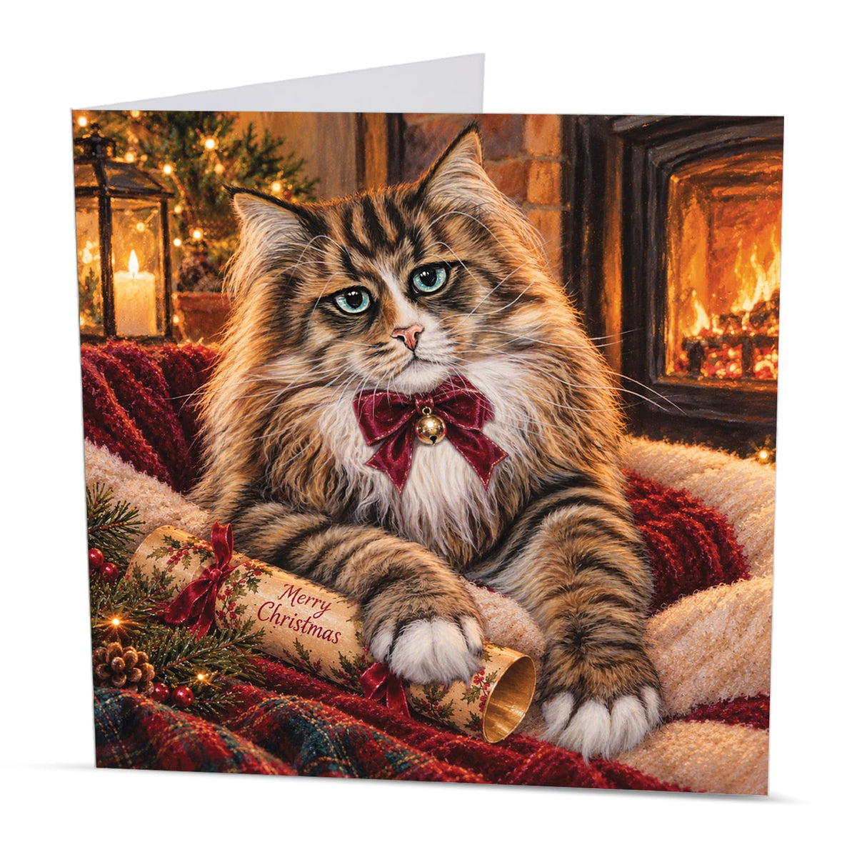 Square Siberian Cat Christmas card featuring a fluffy cat with green eyes, a Merry Christmas cracker and festive decorations