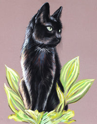 Custom drawing of a black cat sitting among green leaves on a brown background