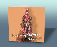 Light-hearted animal birthday card showing a comical chicken on an orange background, ideal for anyone with a sense of humour.