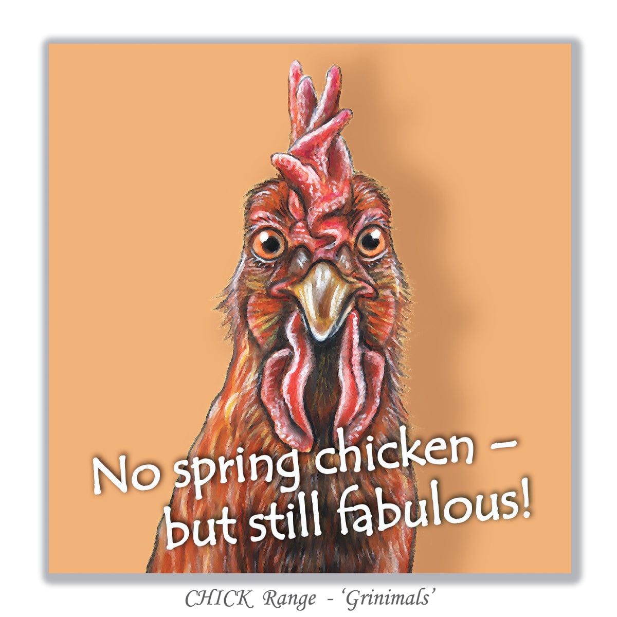 Unique chicken art birthday card created from original artwork by Irisha, with playful text and a fabulous hen.
