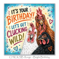 Humorous chicken birthday greeting card with three expressive white, brown and black hens, colourful lettering and turquoise background.