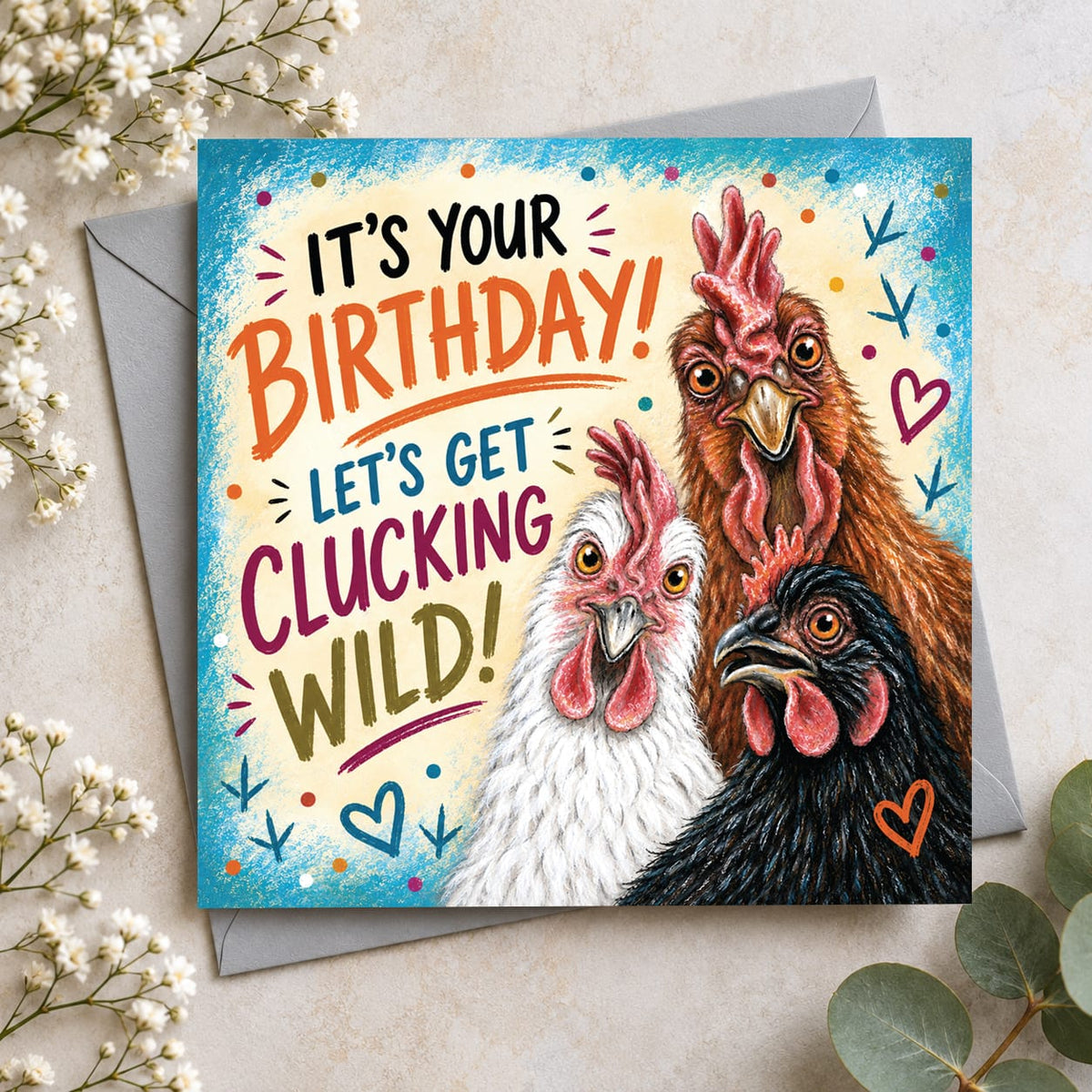 Funny chicken birthday card featuring three colourful chickens with It's Your Birthday Let's Get Clucking Wild message.