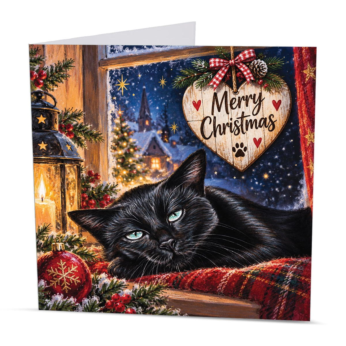 Square 15 x 15 cm black cat Christmas card featuring original festive animal artwork by Irisha, printed on premium 350 gsm textured cardstock.
