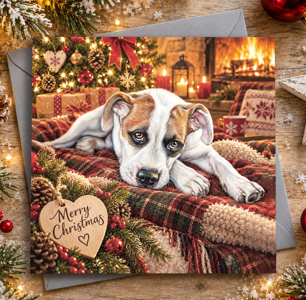 Staffy puppy Christmas card featuring a cute white and brown Staffordshire Bull Terrier resting on a tartan blanket beside a Christmas tree and fireplace.