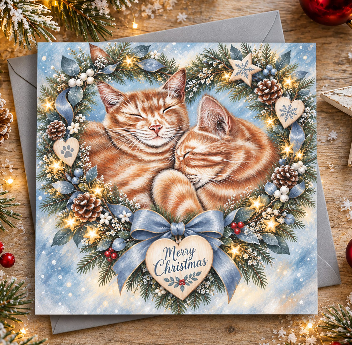 Ginger cats Christmas card featuring two cuddling orange tabby cats
inside a festive wreath