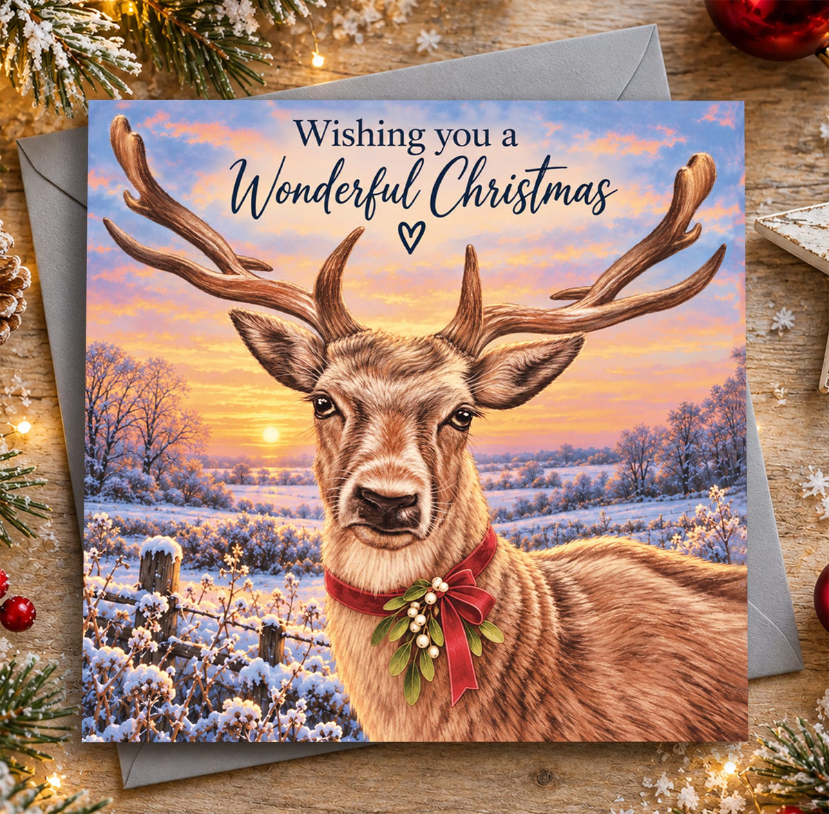 Christmas reindeer greeting card featuring a majestic stag with antlers in a snowy winter landscape