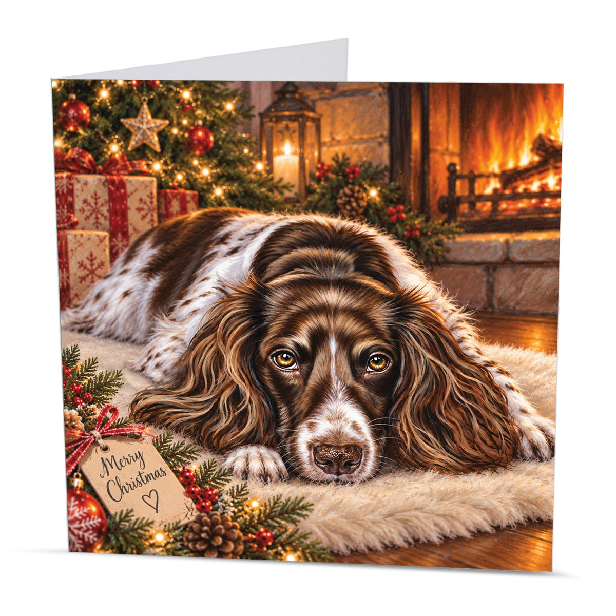 Square 15 x 15 cm Springer Spaniel Christmas card featuring original festive dog artwork by Irisha, printed on premium 350 gsm textured cardstock.