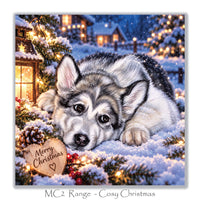 Square 15 x 15 cm Alaskan Malamute Christmas card featuring original winter dog artwork by Irisha, printed on premium 350 gsm textured cardstock.