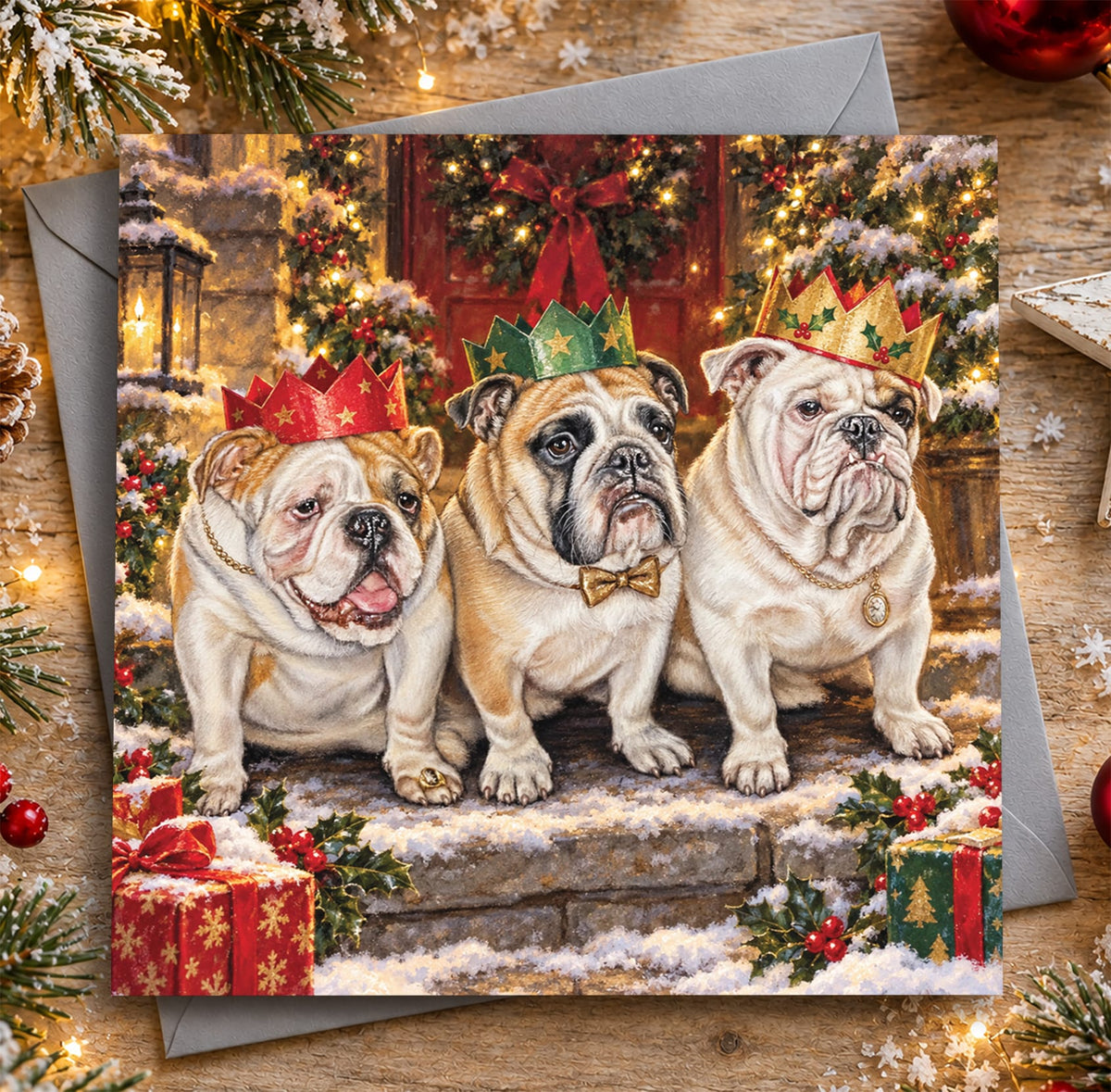 English Bulldog Christmas card featuring three Bulldogs wearing colourful festive paper crowns