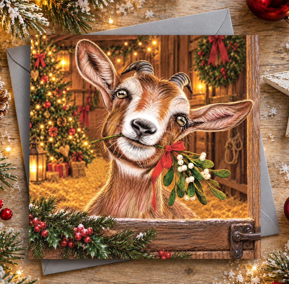 Goat Christmas card featuring a cheeky brown and white goat holding a sprig of mistletoe