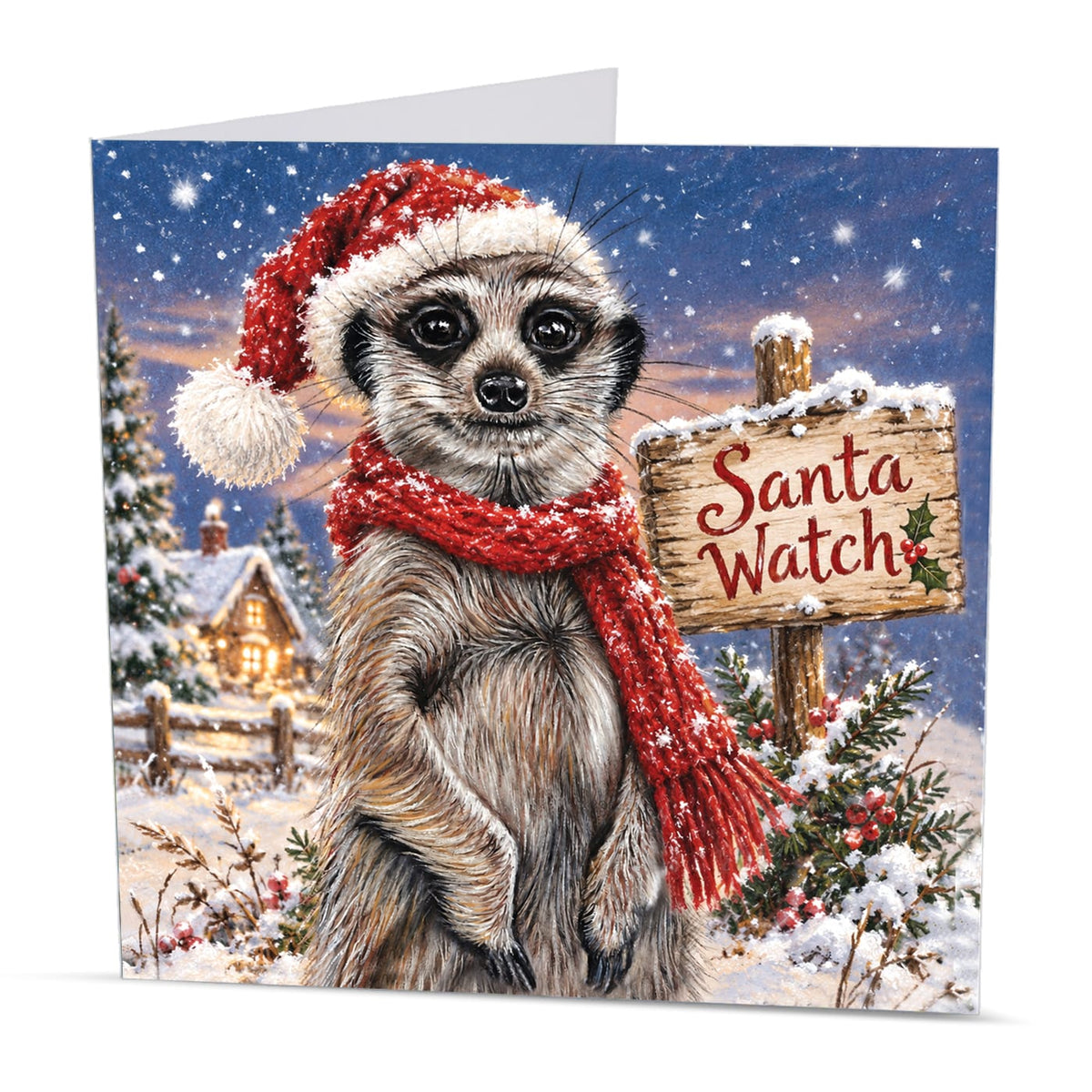 Square wildlife Christmas card featuring a festive meerkat in a snowy winter landscape with a cosy cottage and Christmas decorations