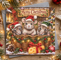 Christmas mice card featuring three adorable brown mice wearing festive hats in a wicker basket