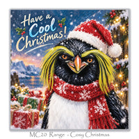 Square penguin Christmas card featuring a colourful Rockhopper Penguin in a snowy scene with Christmas presents and decorations