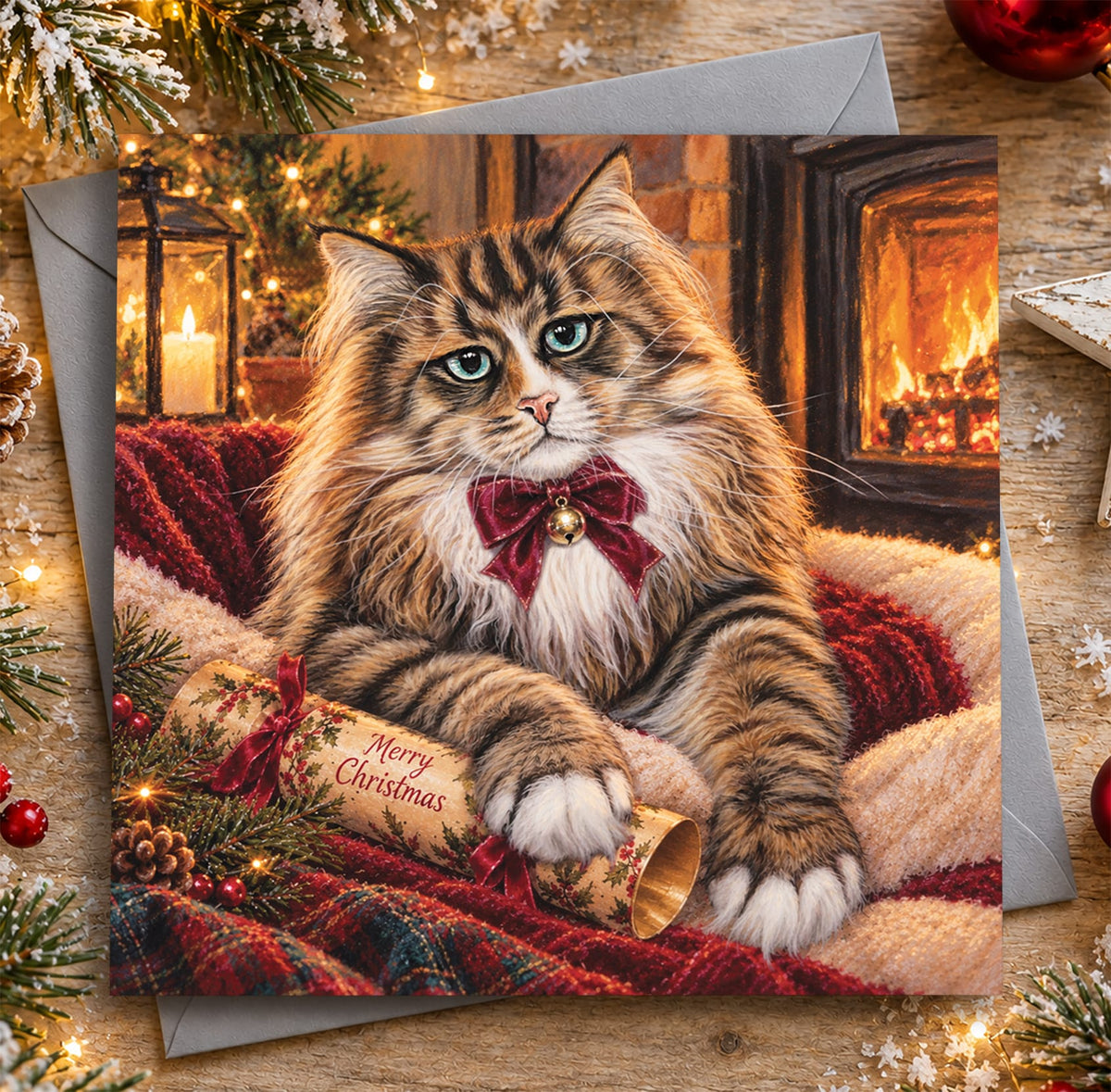 Siberian Cat Christmas card featuring a fluffy tabby cat with a festive bow and Christmas cracker
