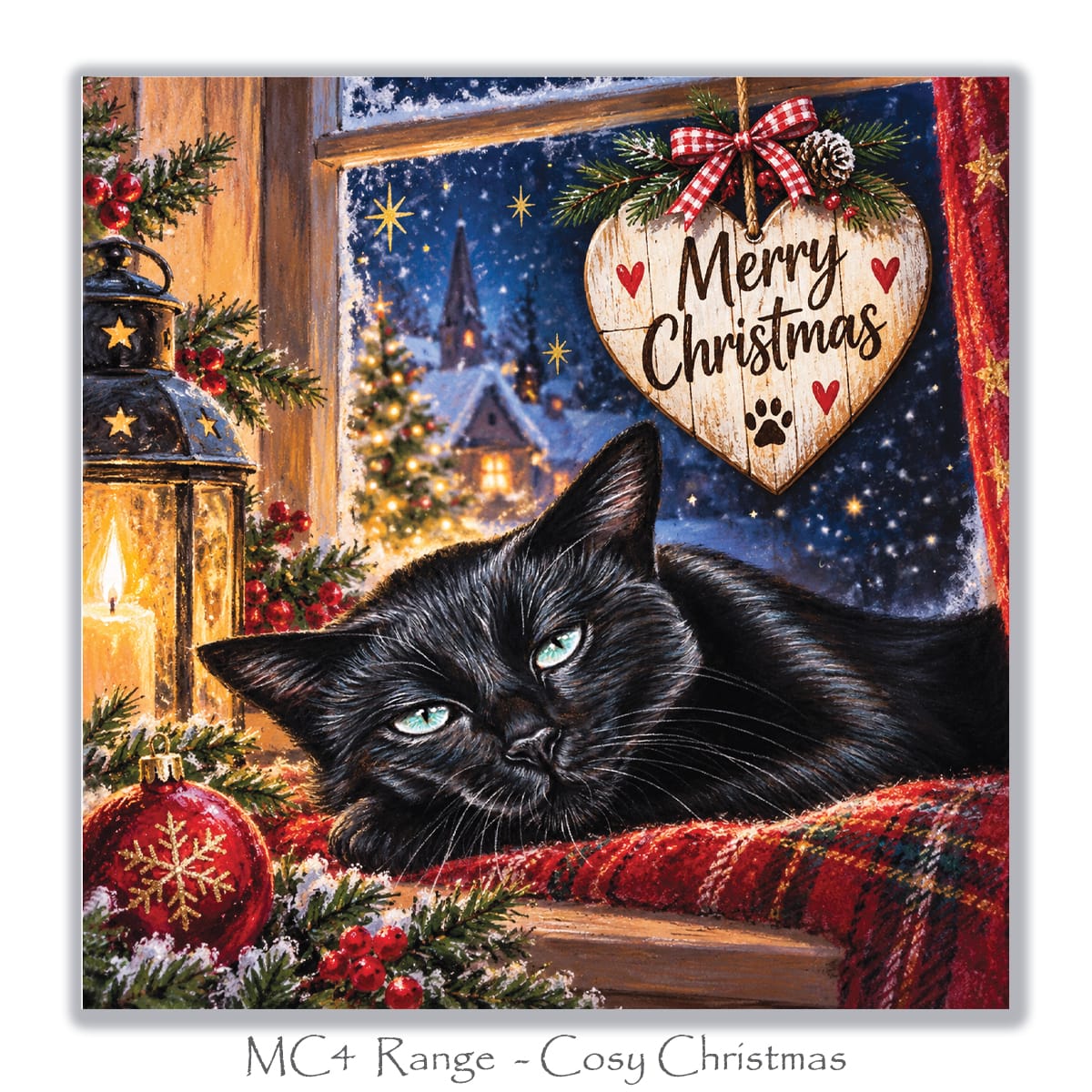 Cosy cat Christmas greeting card with a black cat, glowing candle lantern, red tartan blanket, festive greenery and snowy Christmas village.
