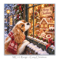 Christmas card for Cavalier King Charles Spaniel lovers showing a dog admiring gingerbread houses and Christmas treats