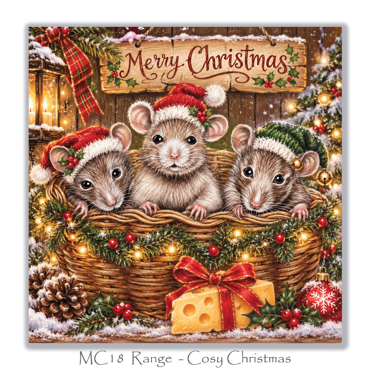 Cute mouse Christmas card showing three little mice surrounded by holly, Christmas lights and festive decorations