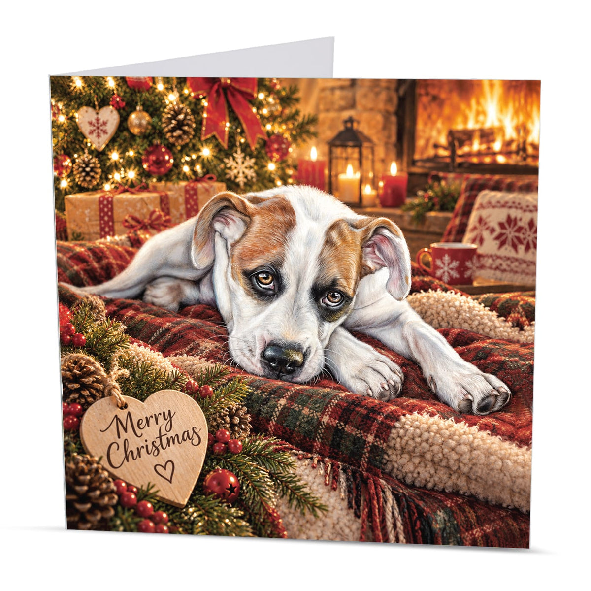 Square 15 x 15 cm puppy Christmas card featuring original festive dog artwork by Irisha, printed on premium 350 gsm textured cardstock.