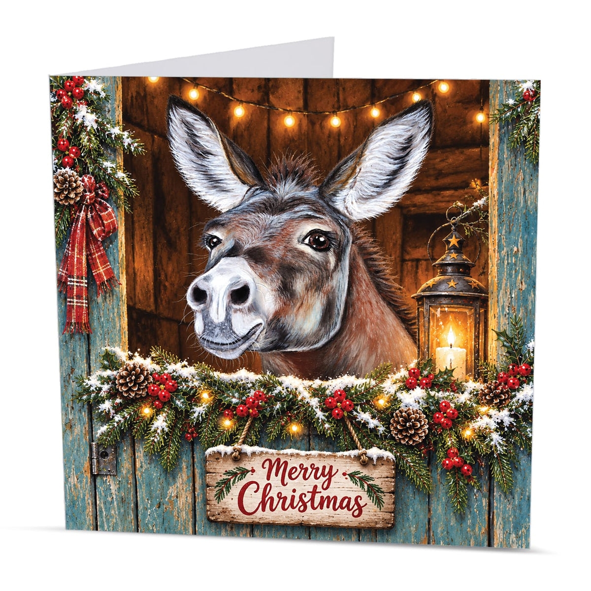 Square donkey Christmas card featuring original animal artwork with a Merry Christmas wooden sign on a festive stable door