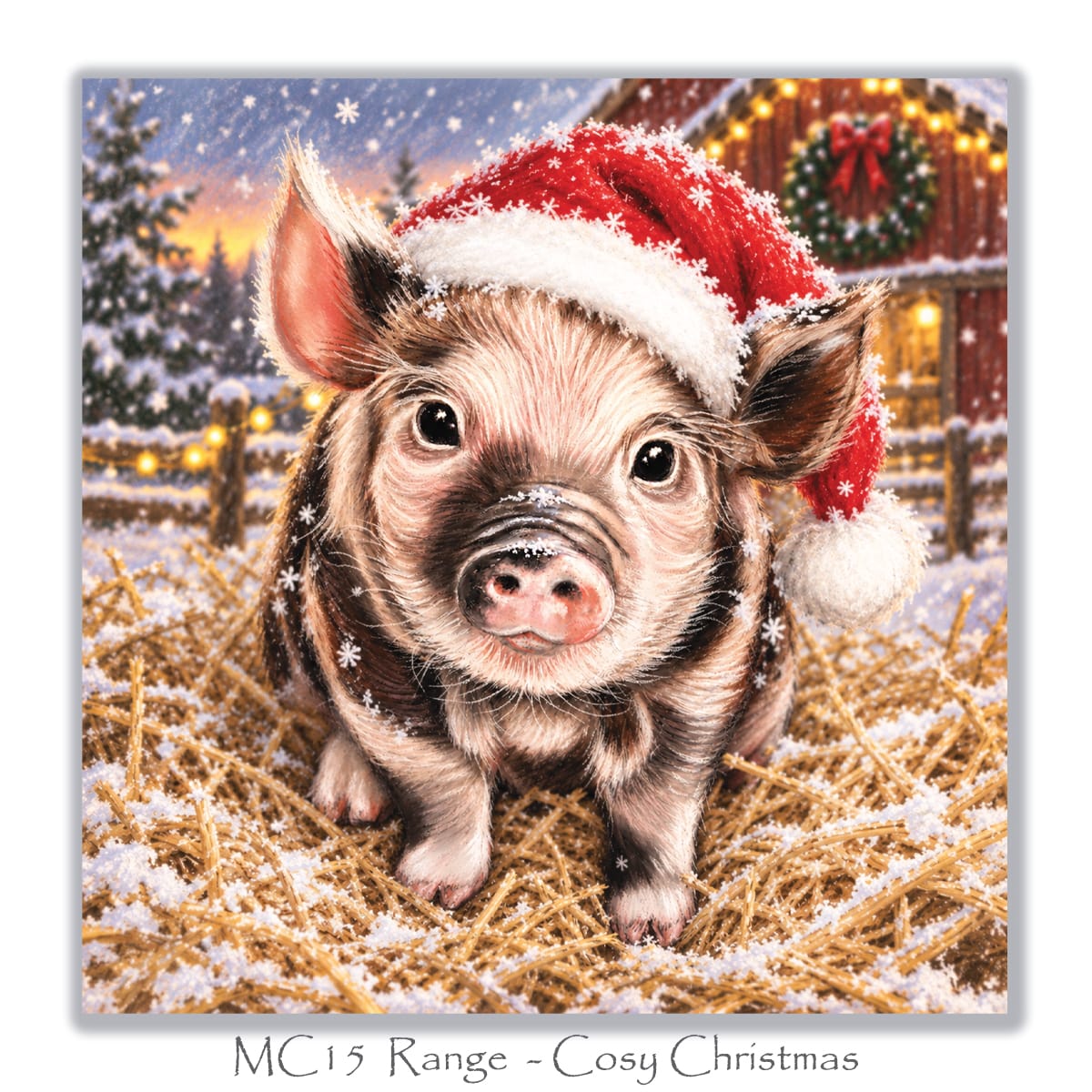 Christmas card for pig lovers showing an adorable piglet in a festive snowy farmyard with Christmas lights