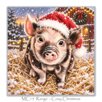 Christmas card for pig lovers showing an adorable piglet in a festive snowy farmyard with Christmas lights